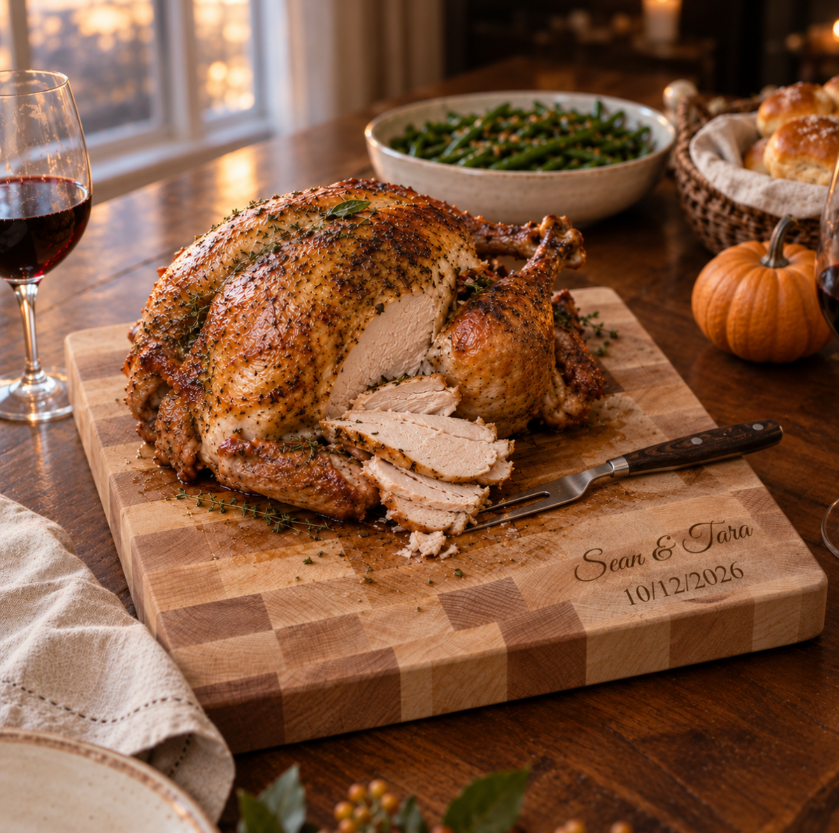 Maple Custom Butcher Block engraved Sean &amp; Tara and 10/12/2026 holding a carved roast turkey on a Thanksgiving table with wine and green beans