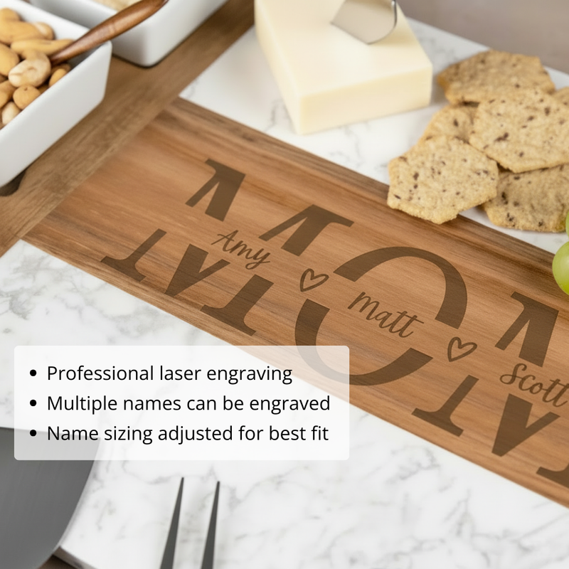 Walnut charcuterie board laser-engraved with sample names "Amy," "Matt," and "Sofia" arranged around center text, displayed with crackers and cheese.