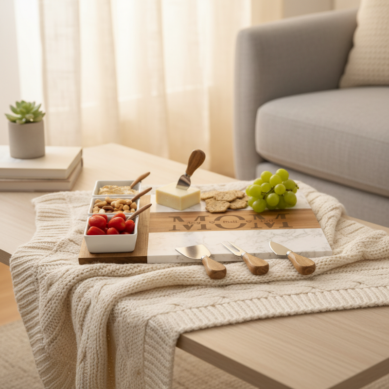 Personalized charcuterie board with sample names engraved in circle around "MOM" at center, styled on couch with ceramic bowls, wooden spoons, cheese, grapes, and crackers
