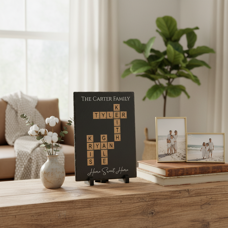 Black slate tile with laser-engraved family names in crossword pattern with sample names "The Carter Family," "Tyler," "Keith," "Ryan," "Gigi," and "Home Sweet Home" text, displayed on wooden table beside framed photos.
