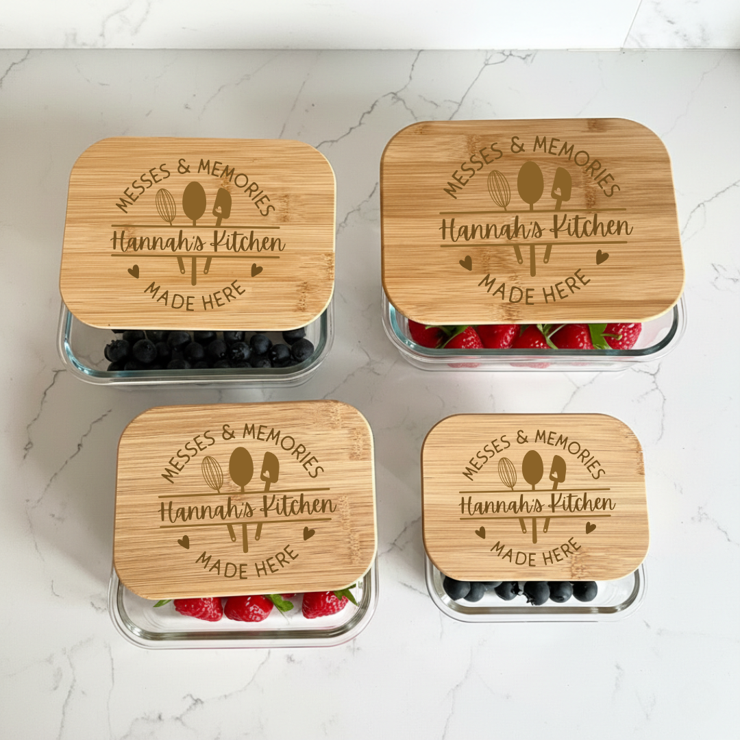 Personalized Simply Stored Glass Tupperware Set with engraved bamboo lids housewarming gift