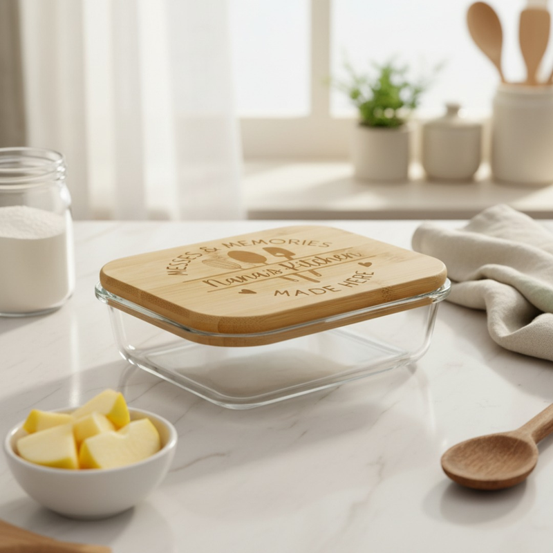 Glass storage container with bamboo lid, laser-engraved with sample text "HAPPY MEMORIES" and decorative leaf design, displayed on kitchen counter with cooking utensils and ingredients.