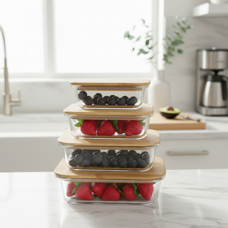 Stack of four glass storage containers with bamboo lids filled with raspberries and blueberries, displayed on a kitchen counter near a window