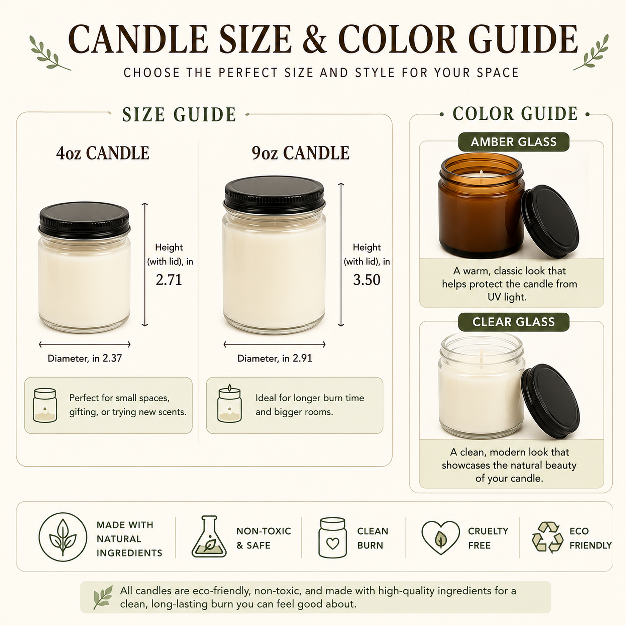 Candle size and color guide showing 4oz and 9oz jar options with dimensions, plus amber and clear glass container styles with product features.