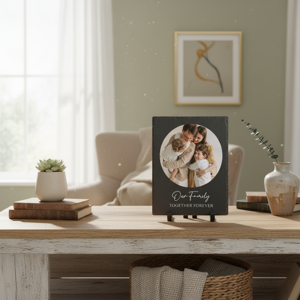 Black slate plaque with circular photo of woman and two children, engraved with sample text "Our Family" and "Together Forever," displayed on wooden desk with easel stand.