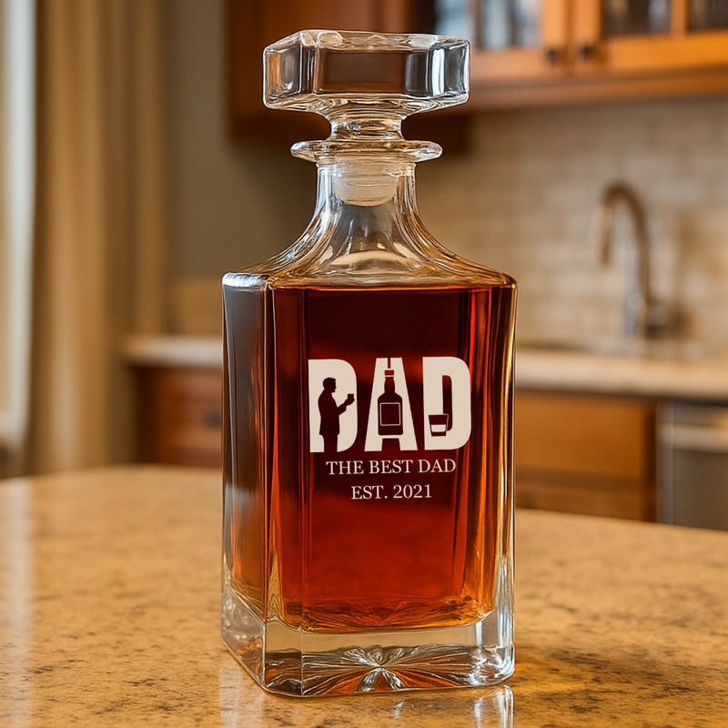 Personalized whiskey decanter engraved with sample text "DAD," "THE BEST DAD," and "EST. 2021," filled with amber liquid and displayed on a wooden counter
