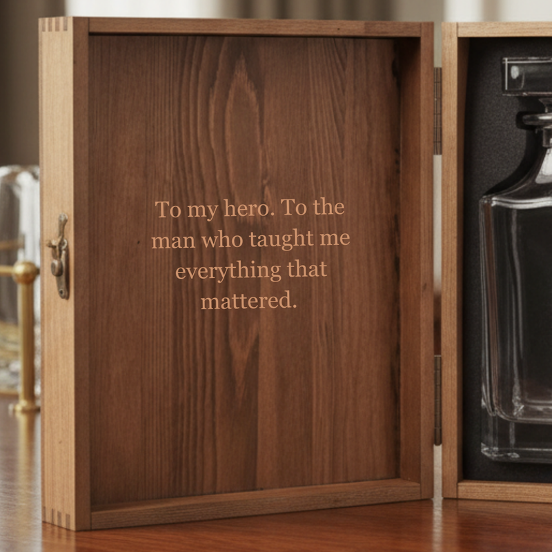 Dark wood presentation box with lid open, revealing engraved message "To my hero. To the man who taught me everything that mattered." inside the lid
