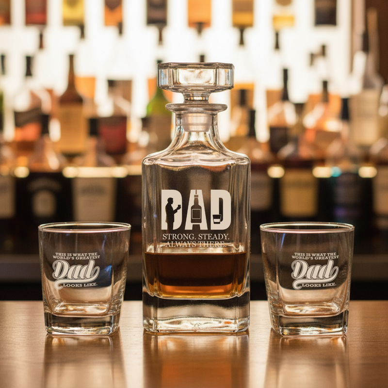 Engraved whiskey decanter set with two matching glasses, decanter showing "DAD" with "STRONG. STEADY. ALWAYS THERE" text, glasses etched with "THIS IS WHAT THE WORLD'S GREATEST DAD LOOKS LIKE