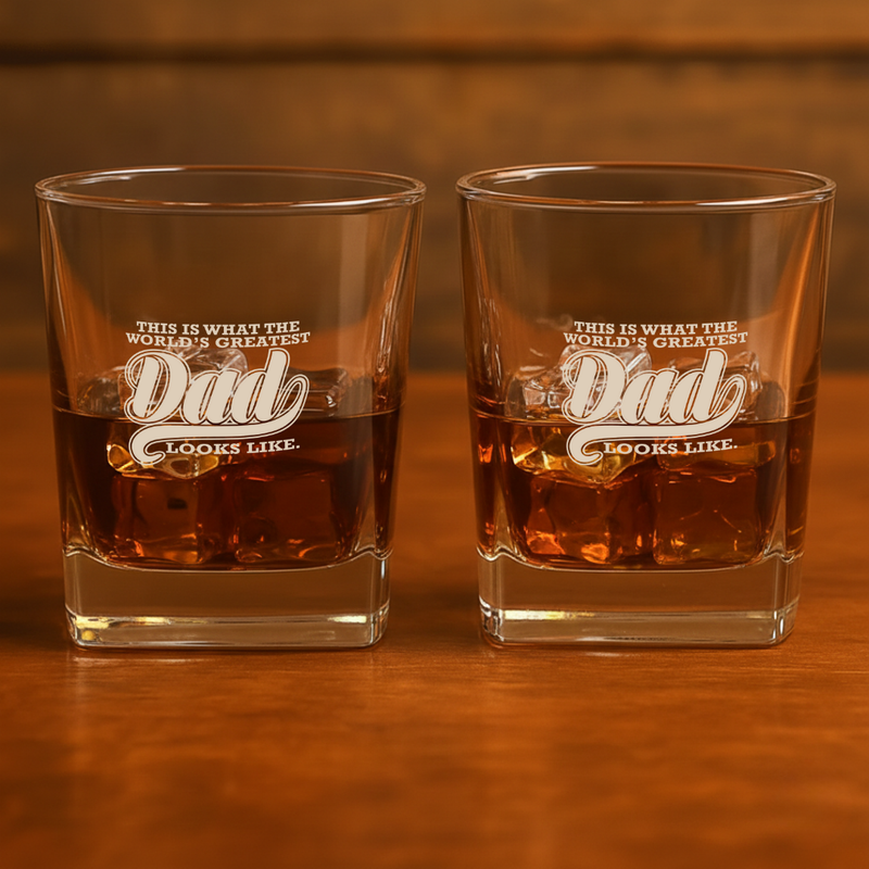 Two whiskey glasses filled with amber liquid, each engraved with "This is what the world's greatest Dad looks like" text on the front