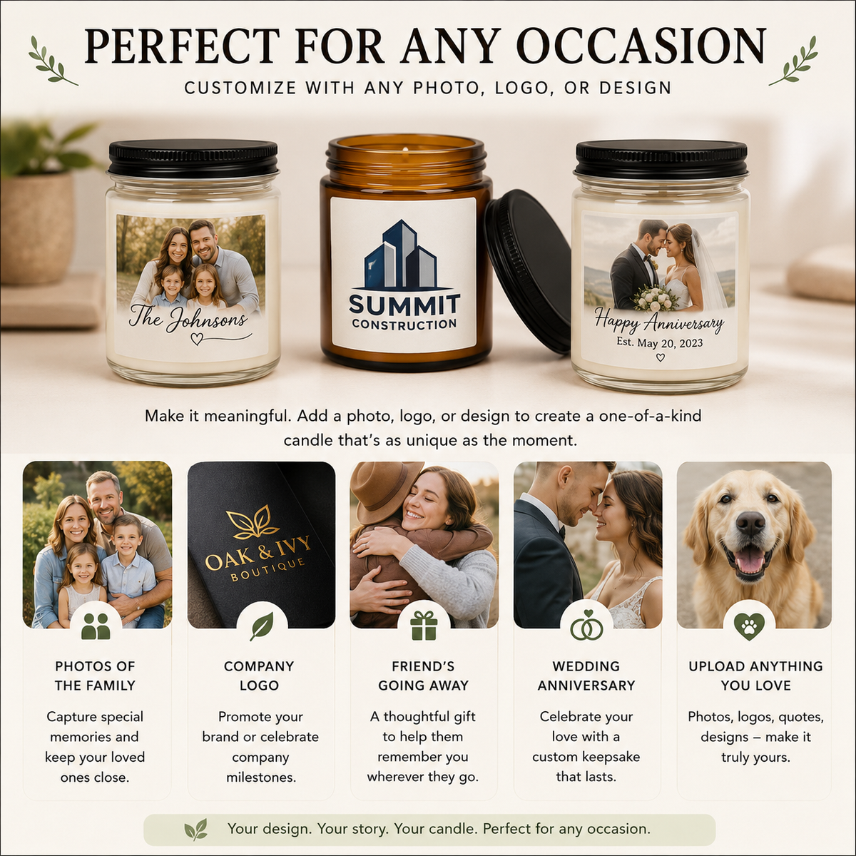 Three customizable scented candles with sample personalization: family photo with name, company logo, and wedding anniversary with date, displayed with potted plant and neutral home decor