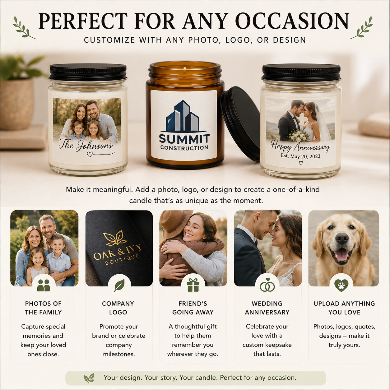 Three customizable scented candles with sample personalization: family photo with name, company logo, and wedding anniversary with date, displayed with potted plant and neutral home decor