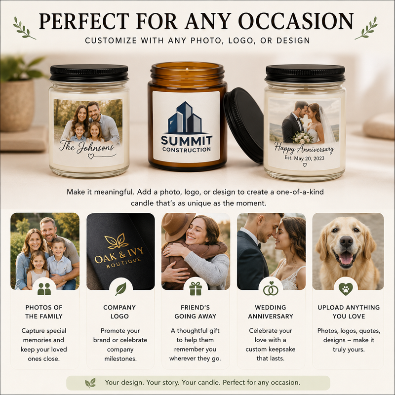 Three customizable scented candles with sample personalization: family photo with name, company logo, and wedding anniversary with date, displayed with potted plant and neutral home decor