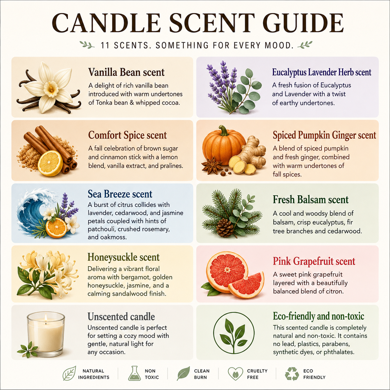 Candle scent guide displaying 11 fragrance options with descriptions, including vanilla bean, lavender, pumpkin spice, sea breeze, and citrus scents with ingredient details and product certifications.
