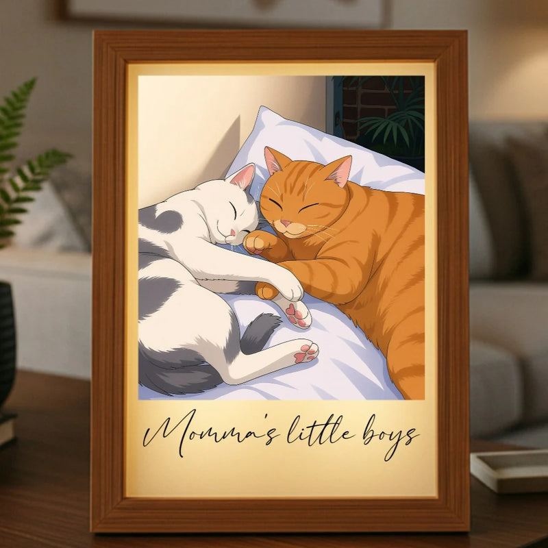 Framed anime-style light box displaying two cats cuddling on a bed, with personalized text reading "Momma's little boys" on the cream mat below the illustration.