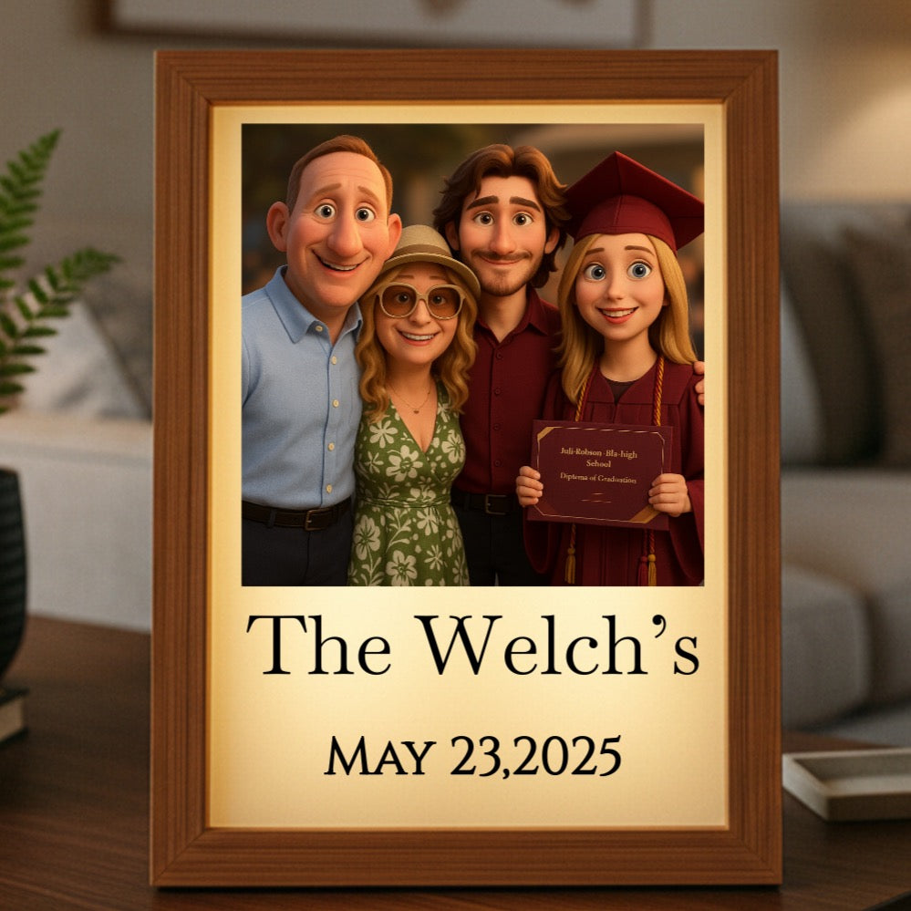 Wood-framed light box displaying animated family portrait with sample text "The Welch's" and date "May 23, 2025" on cream-colored lower panel