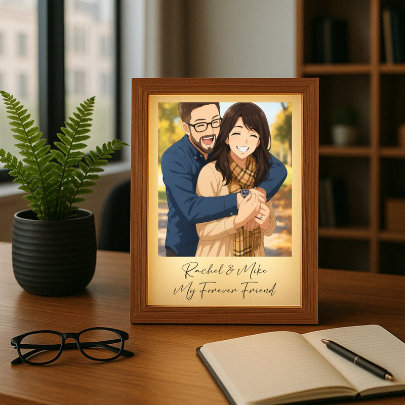 Personalized anime portrait light box displayed on wooden desk with sample names "Rachel & Mike" and text "My Forever Friend" engraved below the illustrated couple portrait