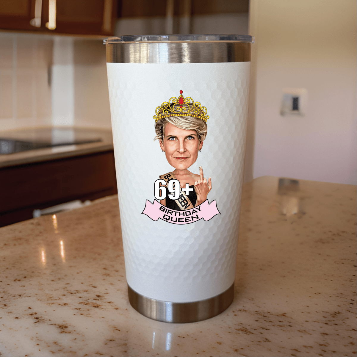 Funny Personalized birthday tumbler for women featuring a custom caricature, crown, and 'Birthday Queen' design on a white insulated cup with lid for a birthday gift Willow and Hive