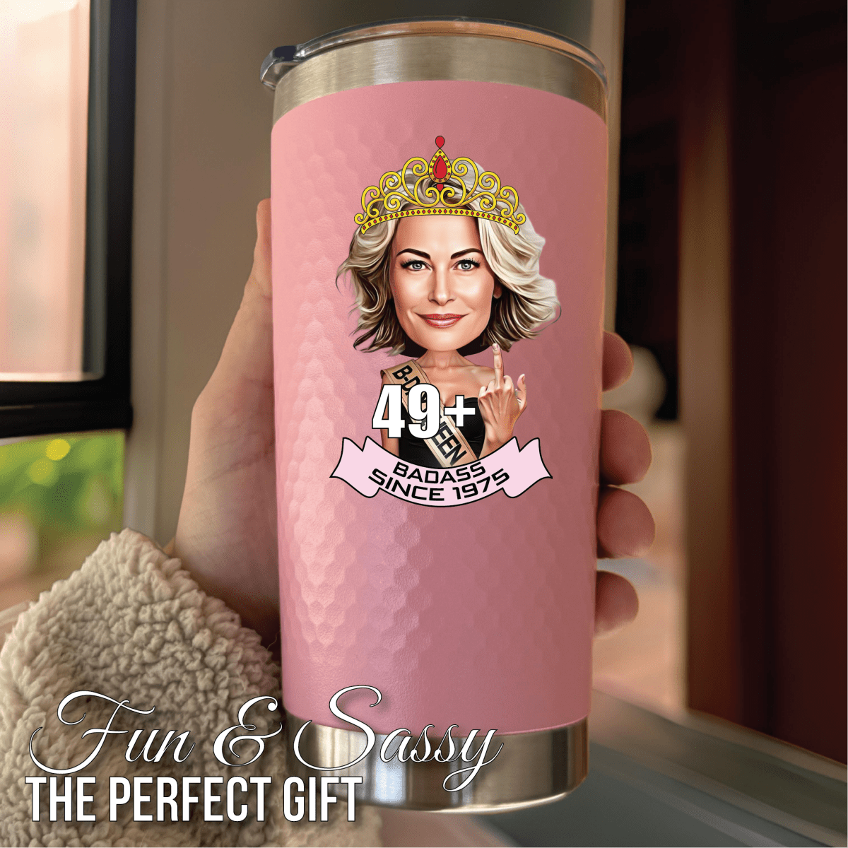 Funny Personalized birthday tumbler for women featuring a custom caricature, crown, and 'Birthday Queen' design on a white insulated cup with lid for a birthday gift Willow and Hive