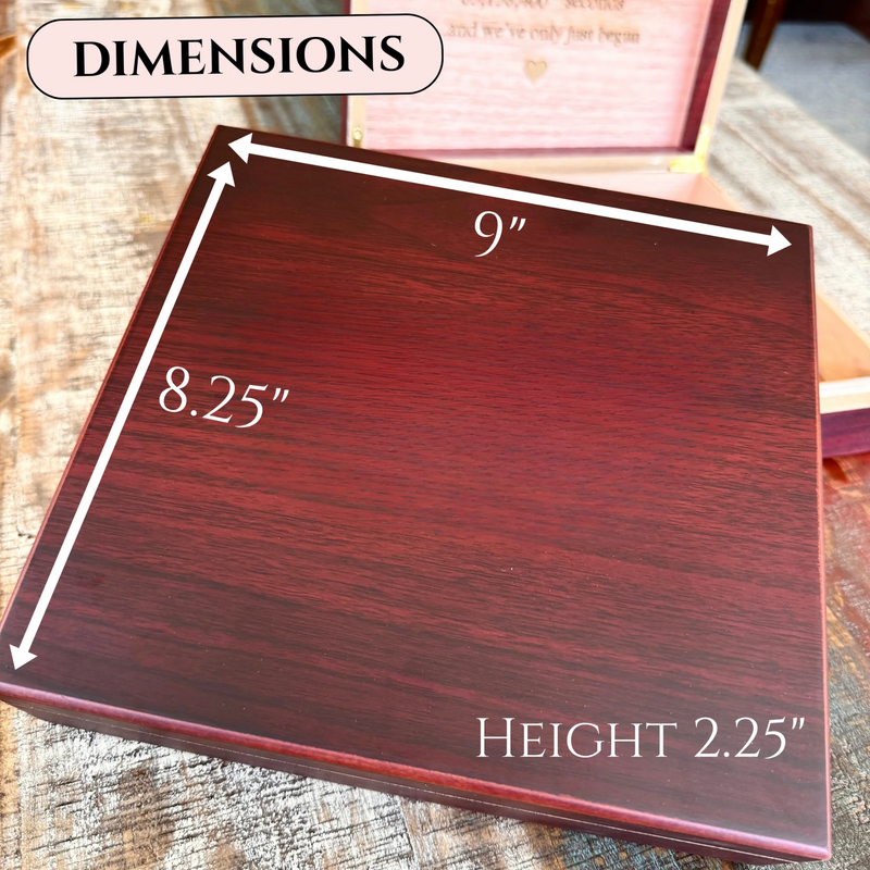 Deep burgundy wooden keepsake box shown at an angle with dimension labels indicating 9 inches wide, 8.25 inches deep, and 2.25 inches height