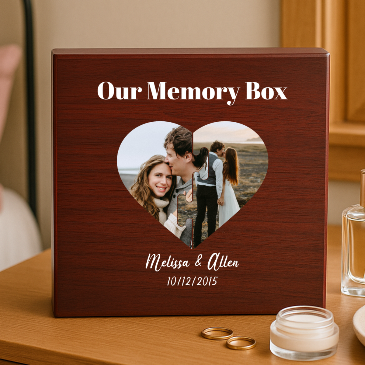 Personalized photo memory keepsake box with heart-shaped couples photo collage, custom names and date engraved on cherry wood lid