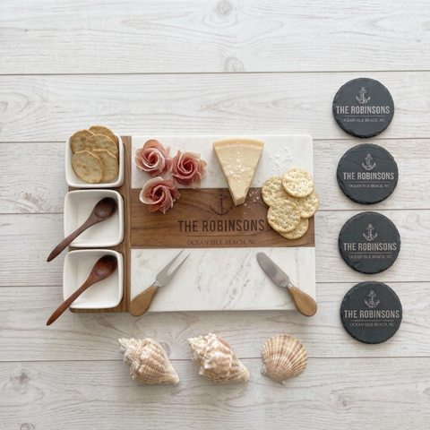 Coastal Charcuterie and Coaster Set, white marble and acacia wood board with matching slate coasters, engraved with anchor design