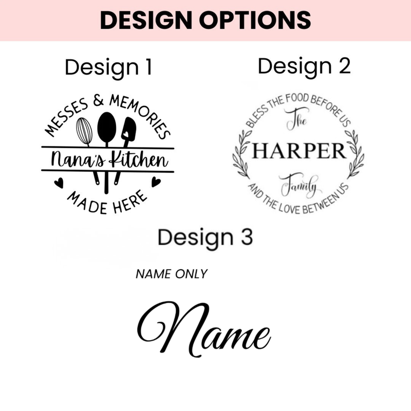 Preview of three customizable design options for engraved glass storage containers: kitchen-themed design with utensils and "Nana's Kitchen," family blessing design with sample name "Harper," and name-only option in script