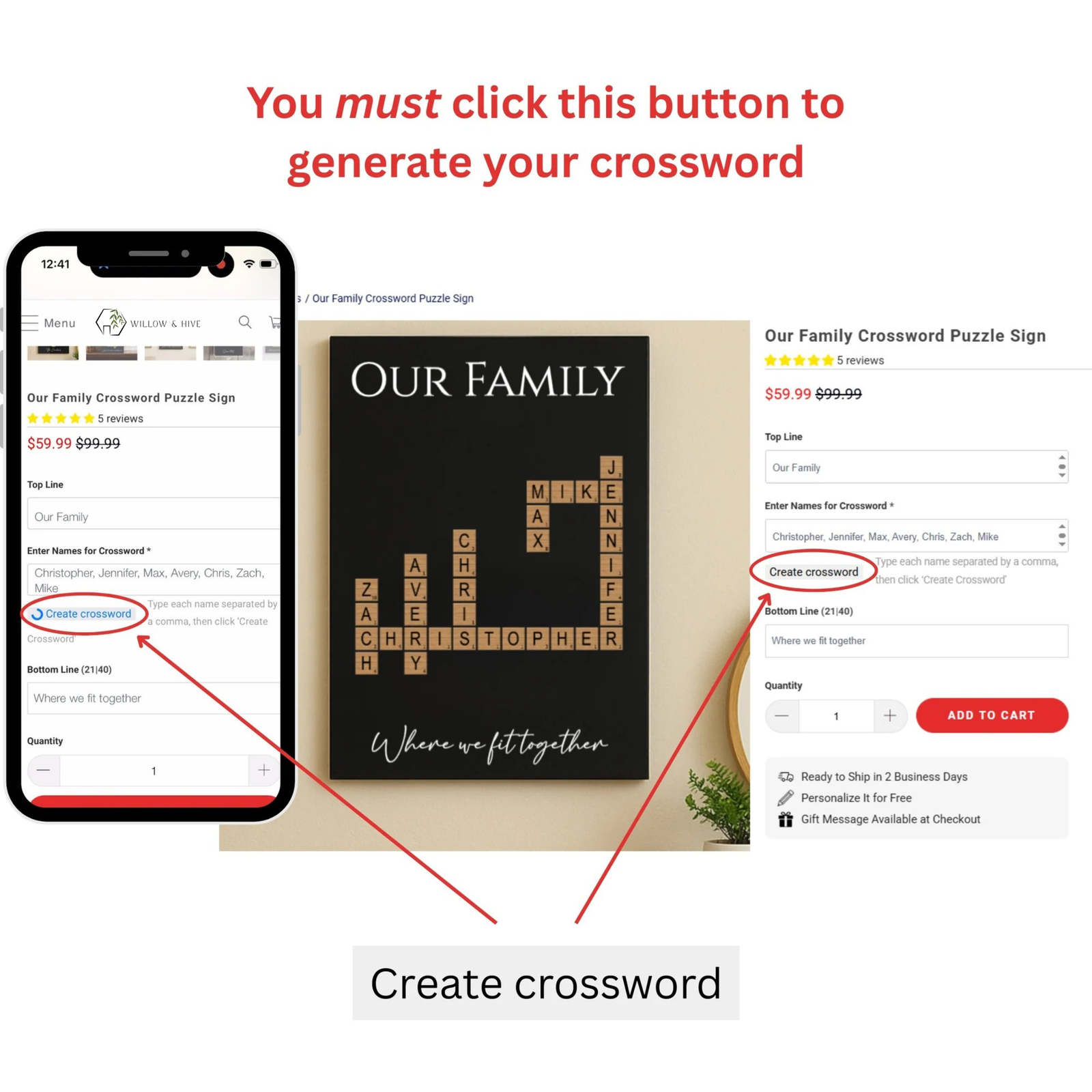 Customization preview showing the interactive crossword generator interface with sample family names entered and the "Create crossword" button highlighted on both mobile and desktop views, with the resulting personalized wall art displayed in the center.