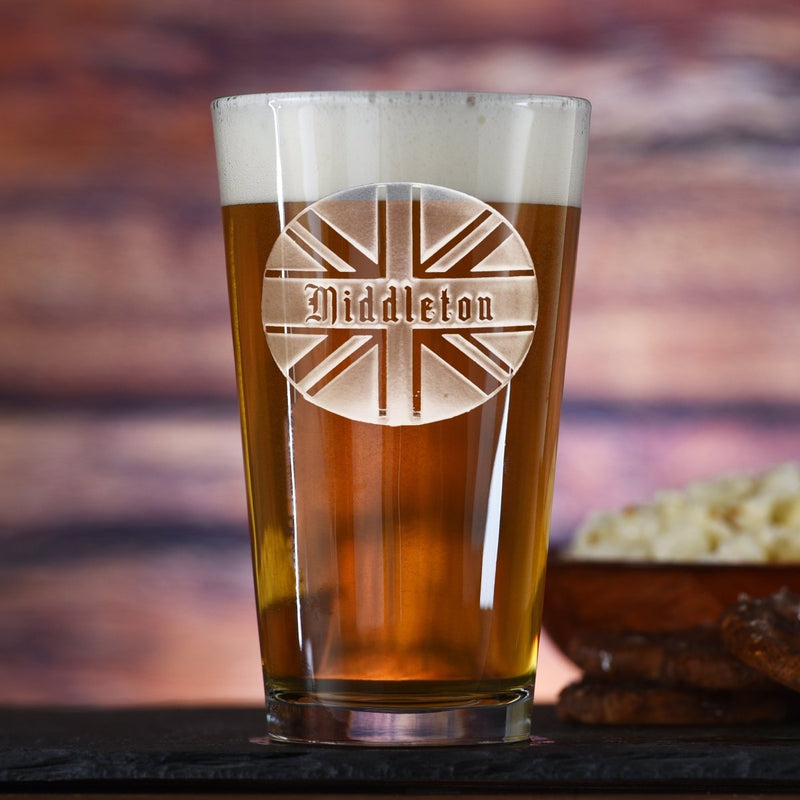 Unique Personalized Custom Engraved Union Jack Pint Glass Customized pint glass Gifts for Men by Groovy Guy