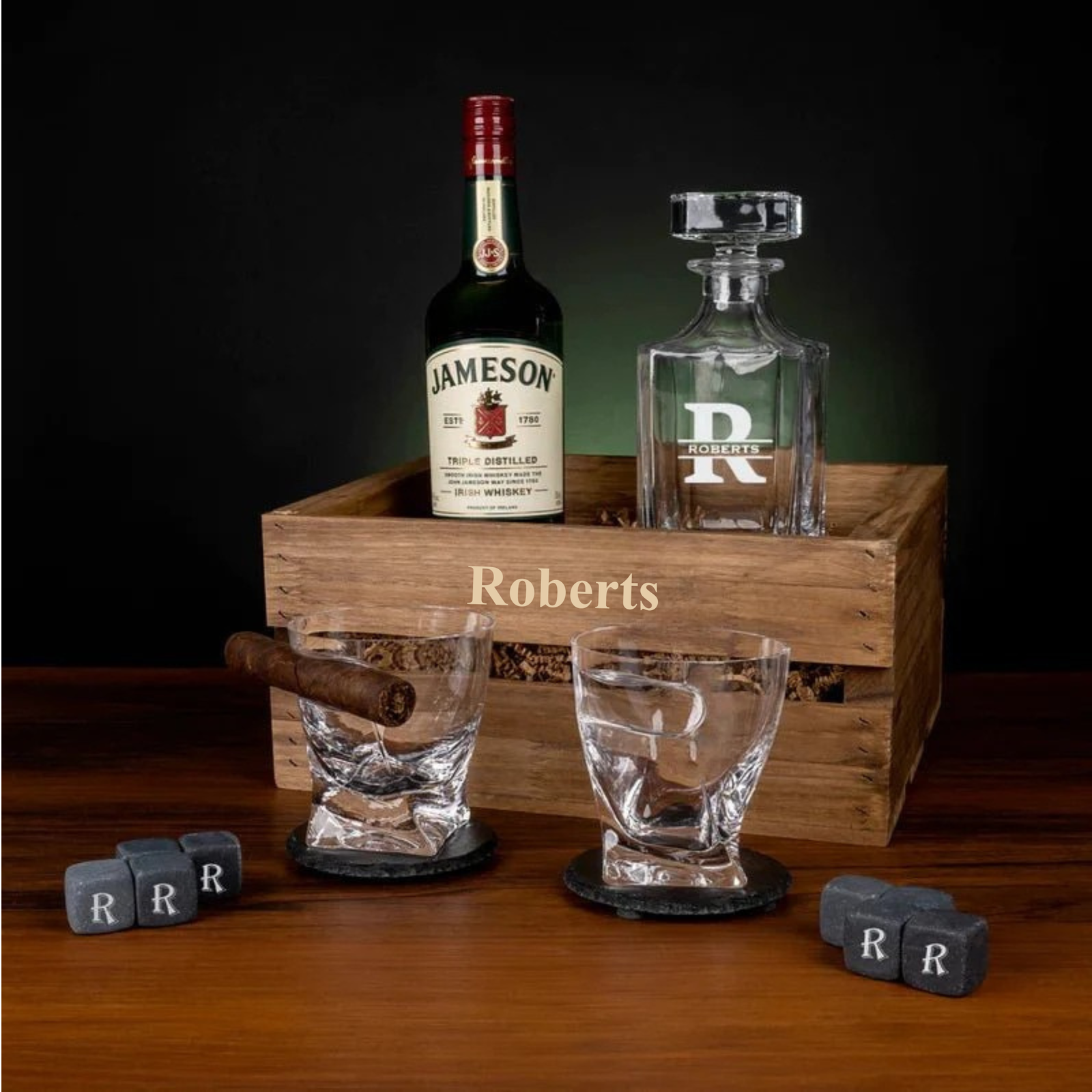 Signature Bar Crate Collection - Decanter, crate, whiskey glasses, coasters, and whiskey stones. Willow & Hive