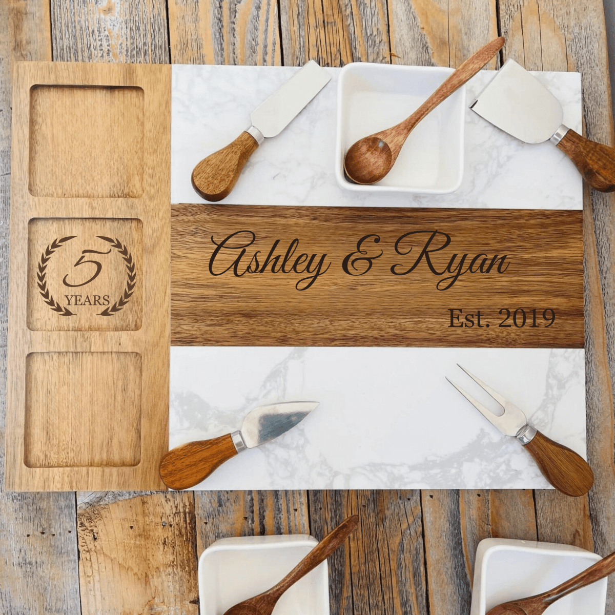 Personalized Marble and acacia anniversary charcuterie board with engraved names and years