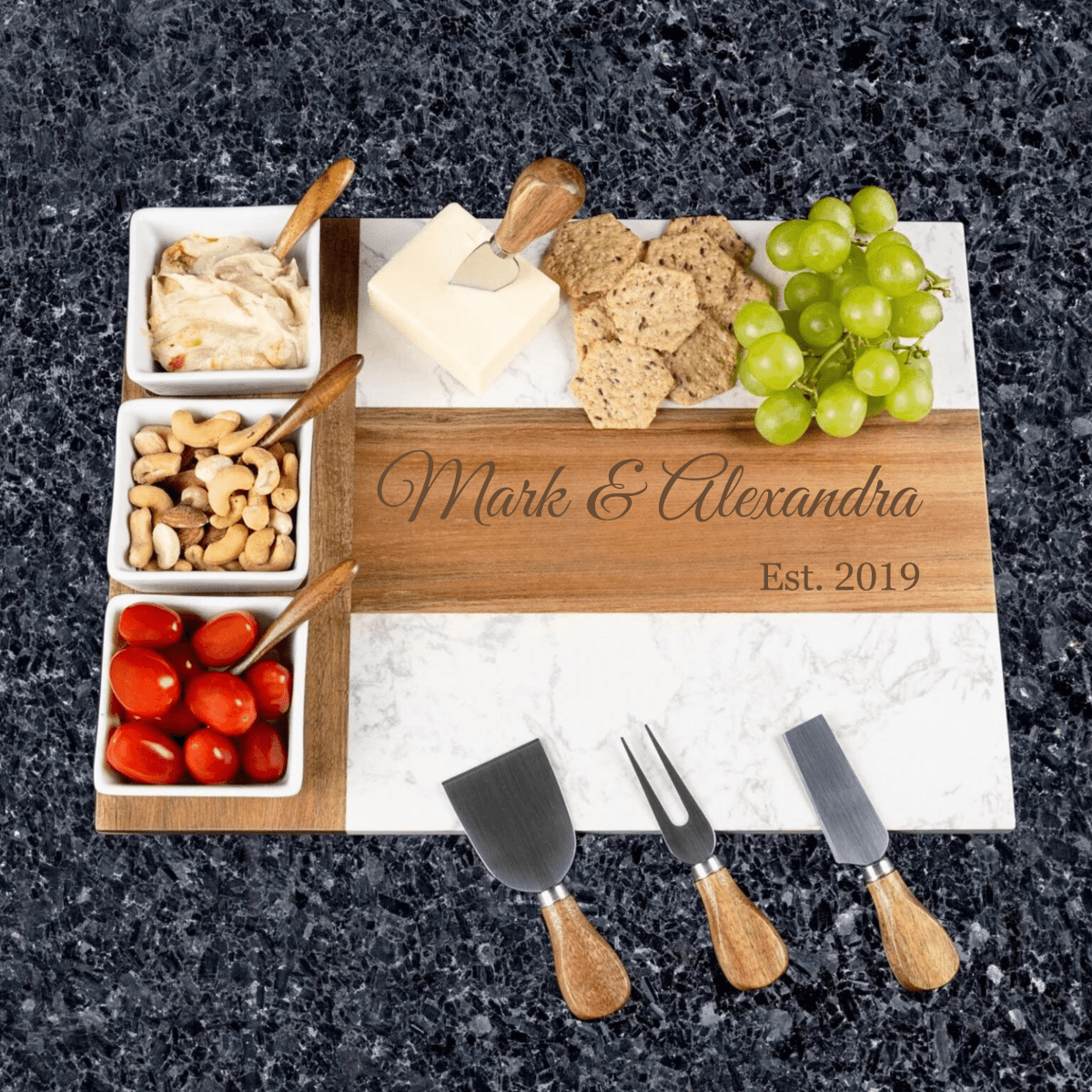 Personalized Marble and acacia anniversary charcuterie board with engraved names and years