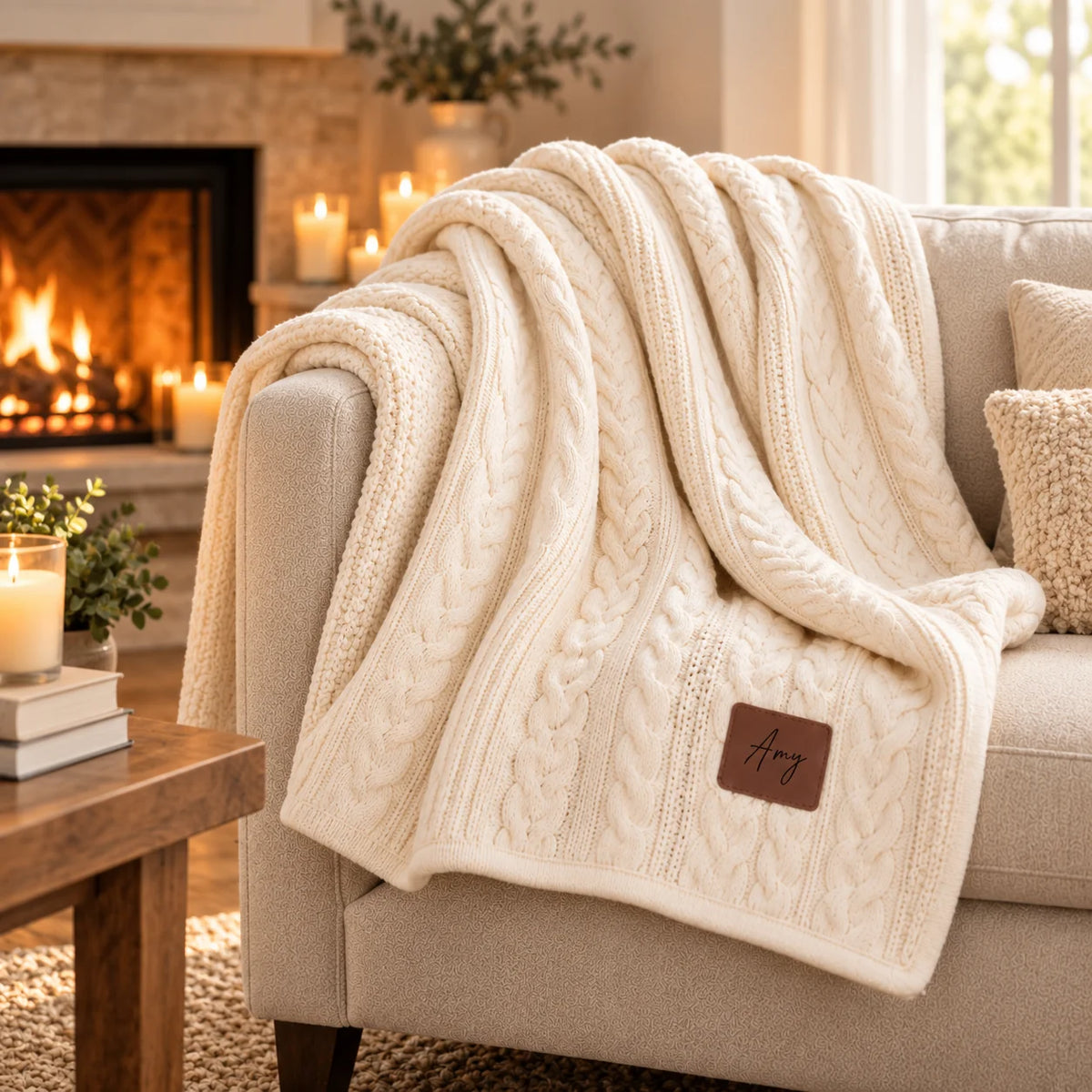 Cream cable knit sherpa blanket draped over a beige sofa beside a lit fireplace and candles, with a dark brown patch engraved Amy in script on the corner