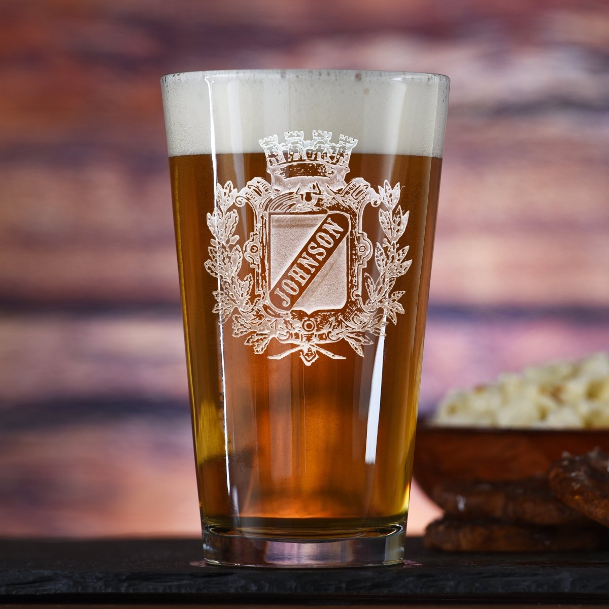 House Crest personalized pint glass with sand-carved family crest