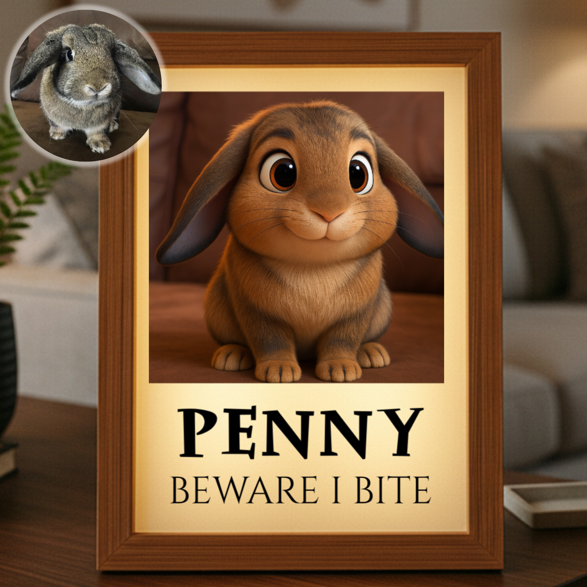 Custom cartoon pet portrait light box with personalized text and Pixar-style illustration