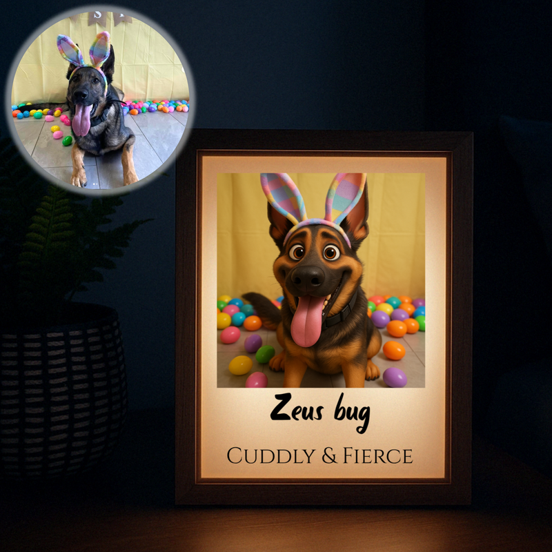 Framed animated pet portrait with sample name "Zeus bug" and tagline "Cuddly & Fierce" displayed on wooden surface next to fern plant, with reference photo in circular inset showing original dog photo with colorful balls