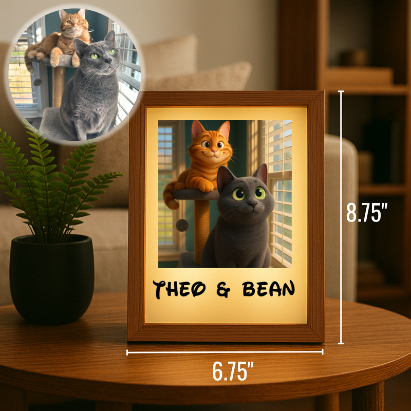 Wooden-framed animated pet portrait light box displaying cartoon cats with sample names "Theo & Bean" printed below, measuring 6.75" wide by 8.75" tall, shown on wooden table beside potted plant.