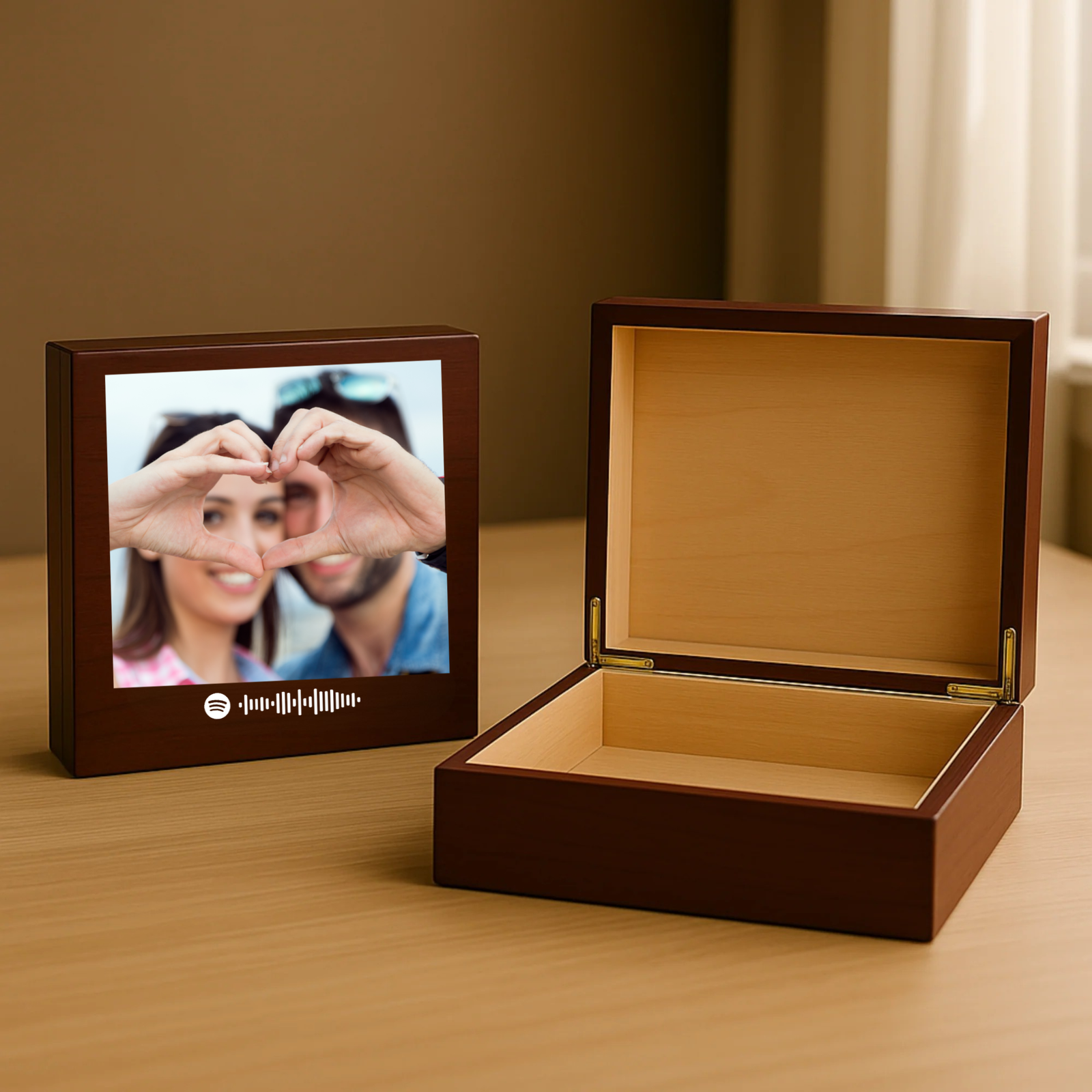 Dark cherry wood keepsake box shown open with tan interior and closed view displaying photo and Spotify code on lid