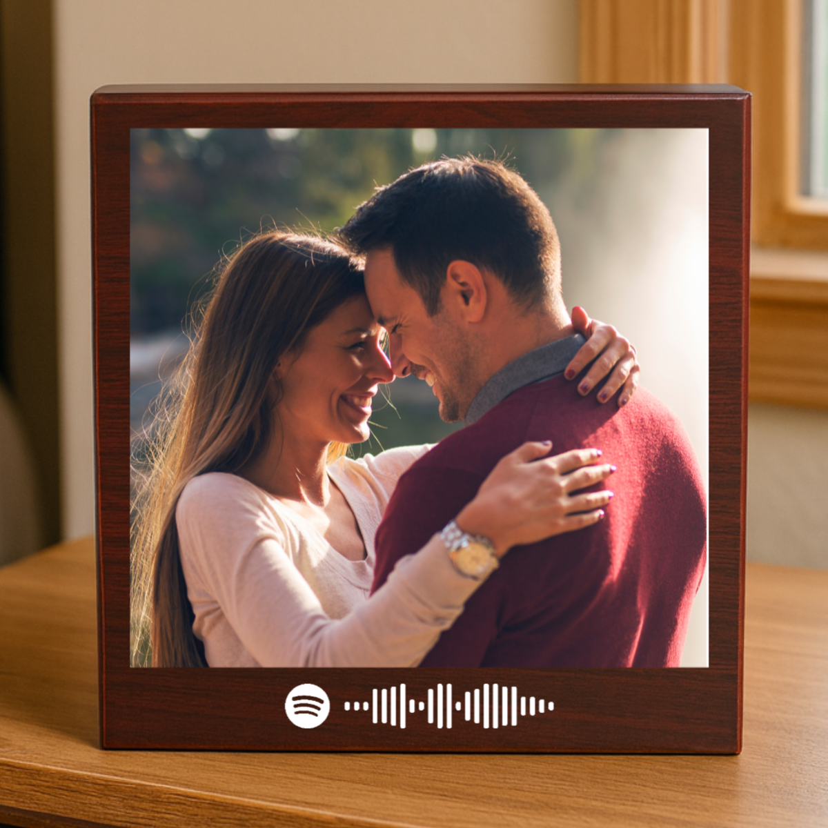 Personalized Valentine’s Day gift for him, cherry‑wood keepsake box with couple photo and Spotify code for song