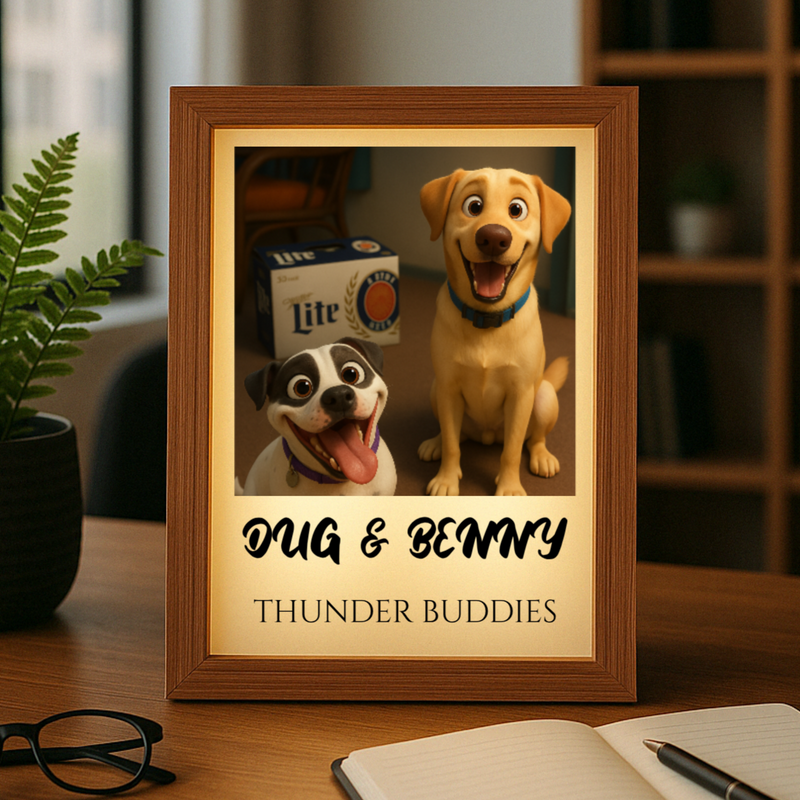 Wooden-framed light box displaying animated cartoon dogs labeled with sample names "Doug & Benny" and "Thunder Buddies," with a Lite beer box visible in background