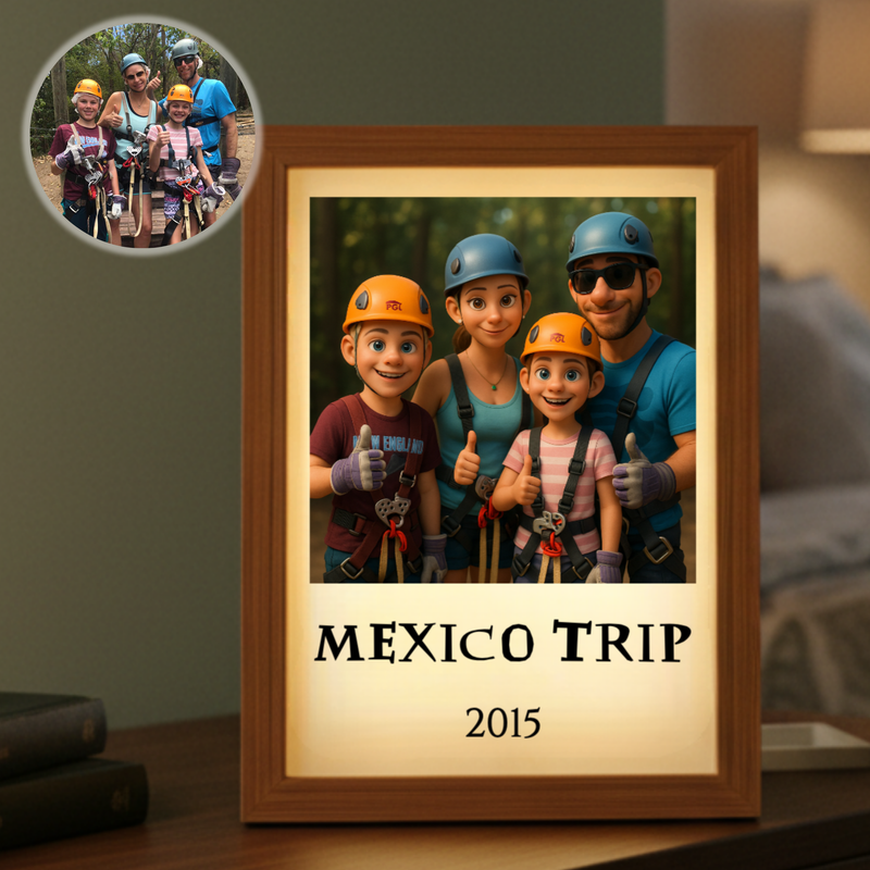 Wood-framed light box displaying cartoon-style illustration of family in climbing gear with "MEXICO TRIP" and "2015" text, shown on home shelf