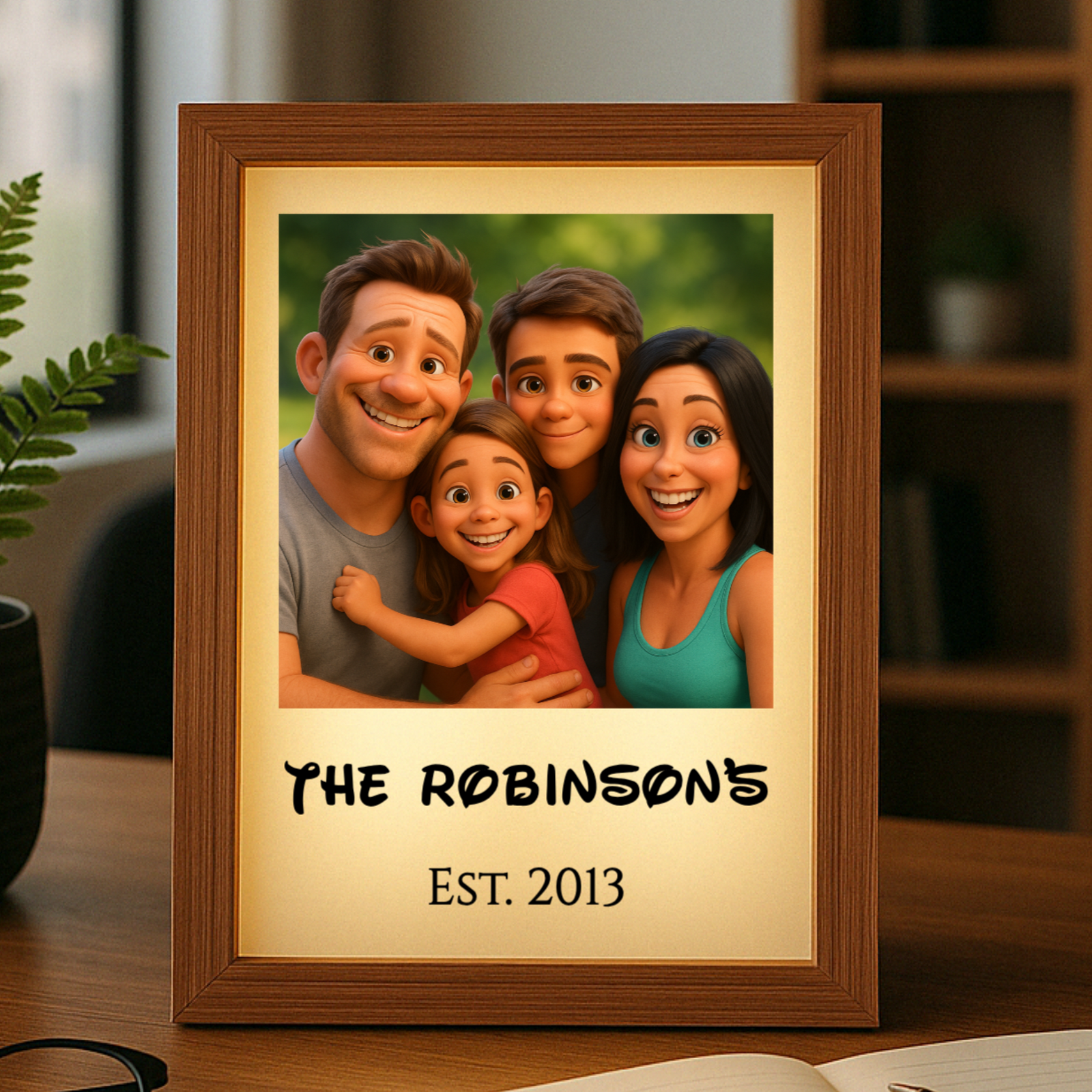 Wooden-framed light box displaying animated family portrait with sample name "THE ROBINSONS" and establishment date "EST. 2013" on cream mat, sitting on desk.