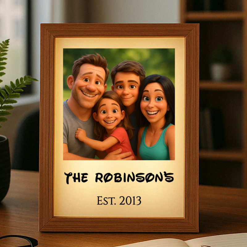 Wooden-framed light box displaying animated family portrait with sample name "THE ROBINSONS" and establishment date "EST. 2013" on cream mat, sitting on desk.