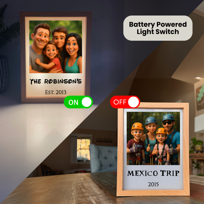Two personalized light-up frames displayed side by side, left frame showing a family portrait with "THE ROBINSONS EST. 2013" and green ON toggle switch, right frame showing a group in construction gear with "MEXICO TRIP 2015" and red OFF toggle switch, demonstrating battery-powered lighting feature.