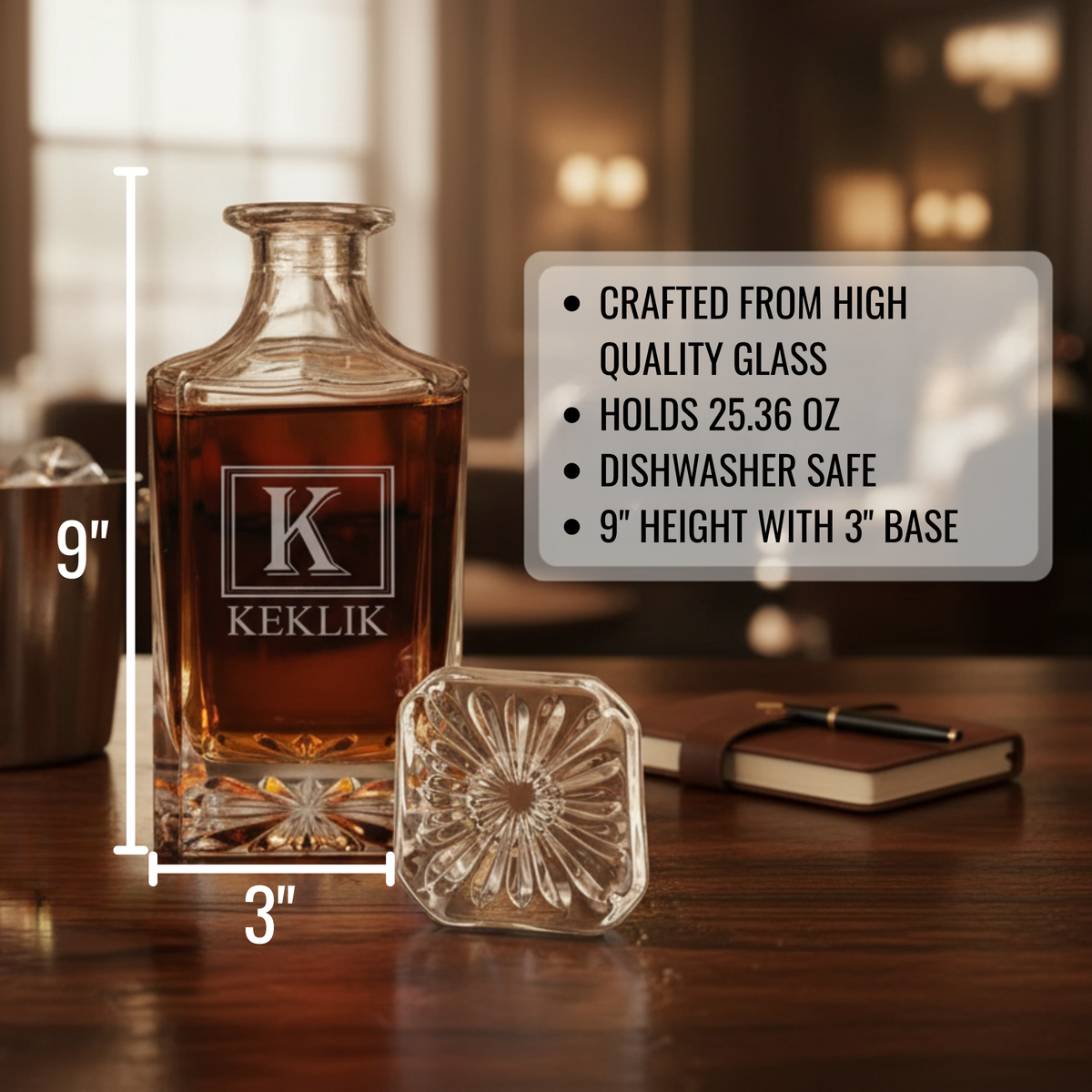 Whiskey decanter engraved with sample name "KEKLIK" displayed with matching square stopper, showing 9-inch height and 3-inch base dimensions