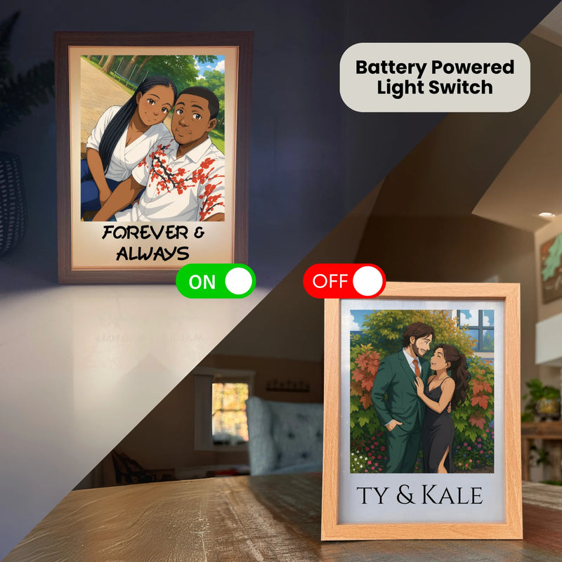 Two personalized anime portrait light boxes displayed side by side showing battery-powered on and off switch functionality with sample names and text customization