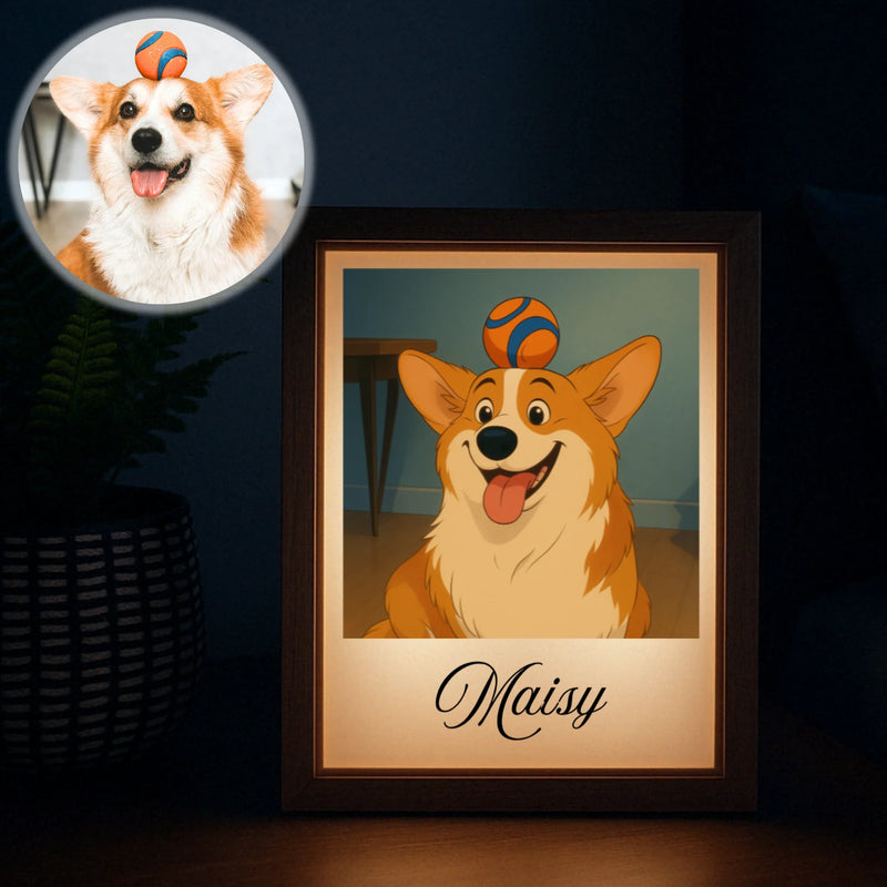 Framed cartoon portrait light displaying a corgi illustration with sample name "Maisy" engraved below, wooden frame with warm LED glow, shown on dark surface with real corgi photo inset above