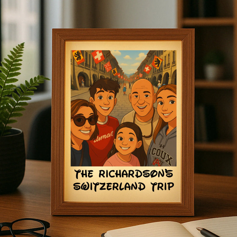 Framed cartoon portrait of a family of five on a Swiss street, personalized with text "THE RICHARDSON'S SWITZERLAND TRIP" below the illustration, displayed on wooden desk with plant nearby