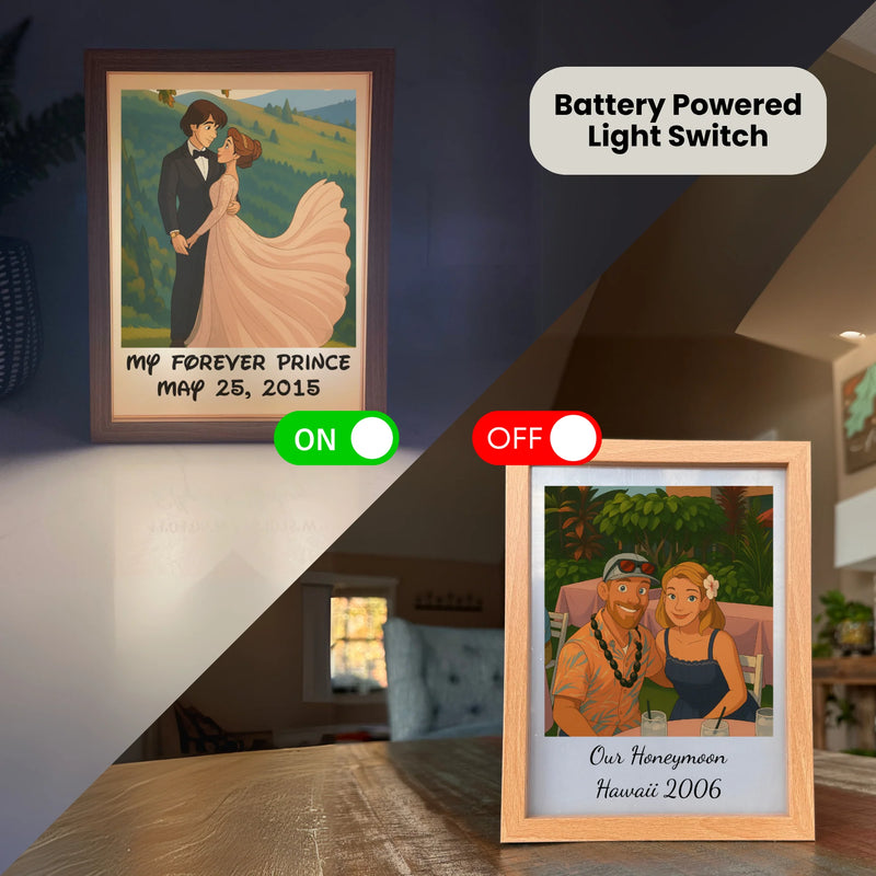 Two framed cartoon portraits displayed on a wooden surface demonstrating battery-powered LED light switches, one illuminated and one dark.