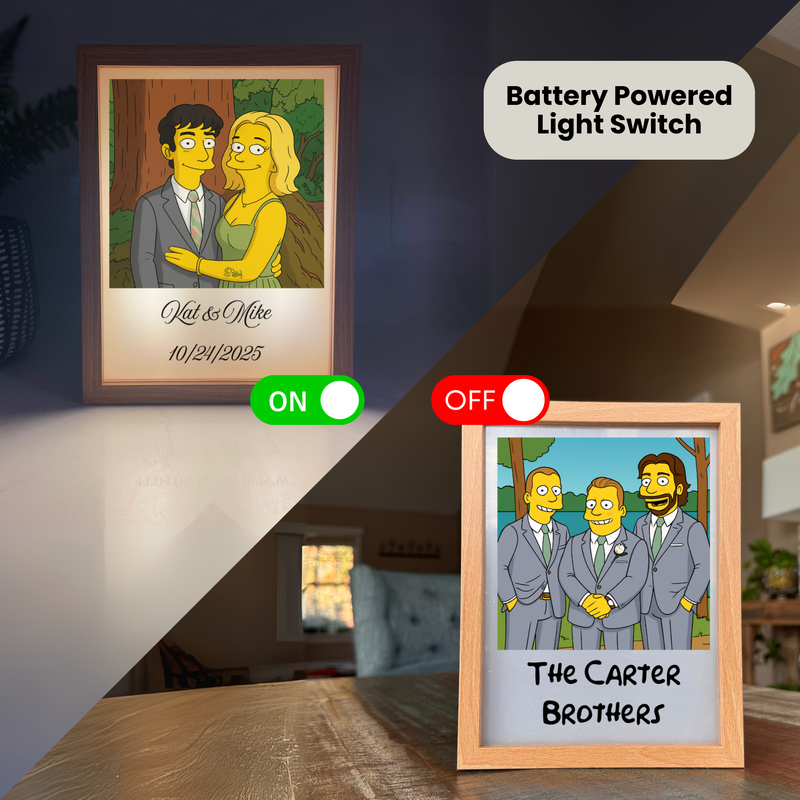 Two framed cartoon portraits displayed side by side demonstrating battery-powered LED light switch functionality, with ON and OFF toggle indicators shown above each frame