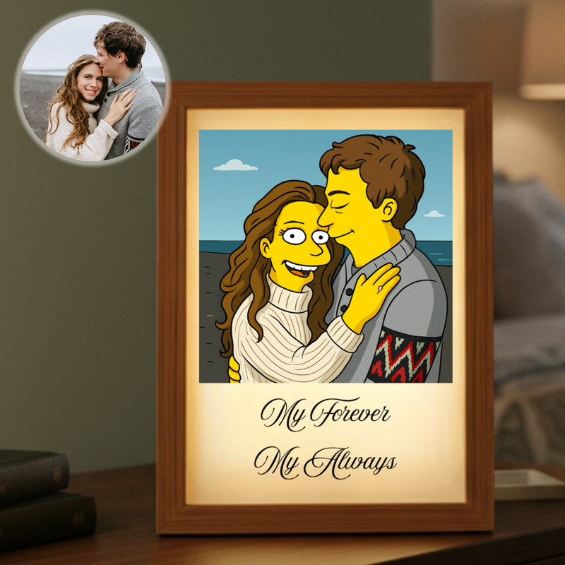 Custom cartoon frame with wood border displaying animated couple portrait in yellow with ocean background, text reading "My Forever My Always" below the illustration